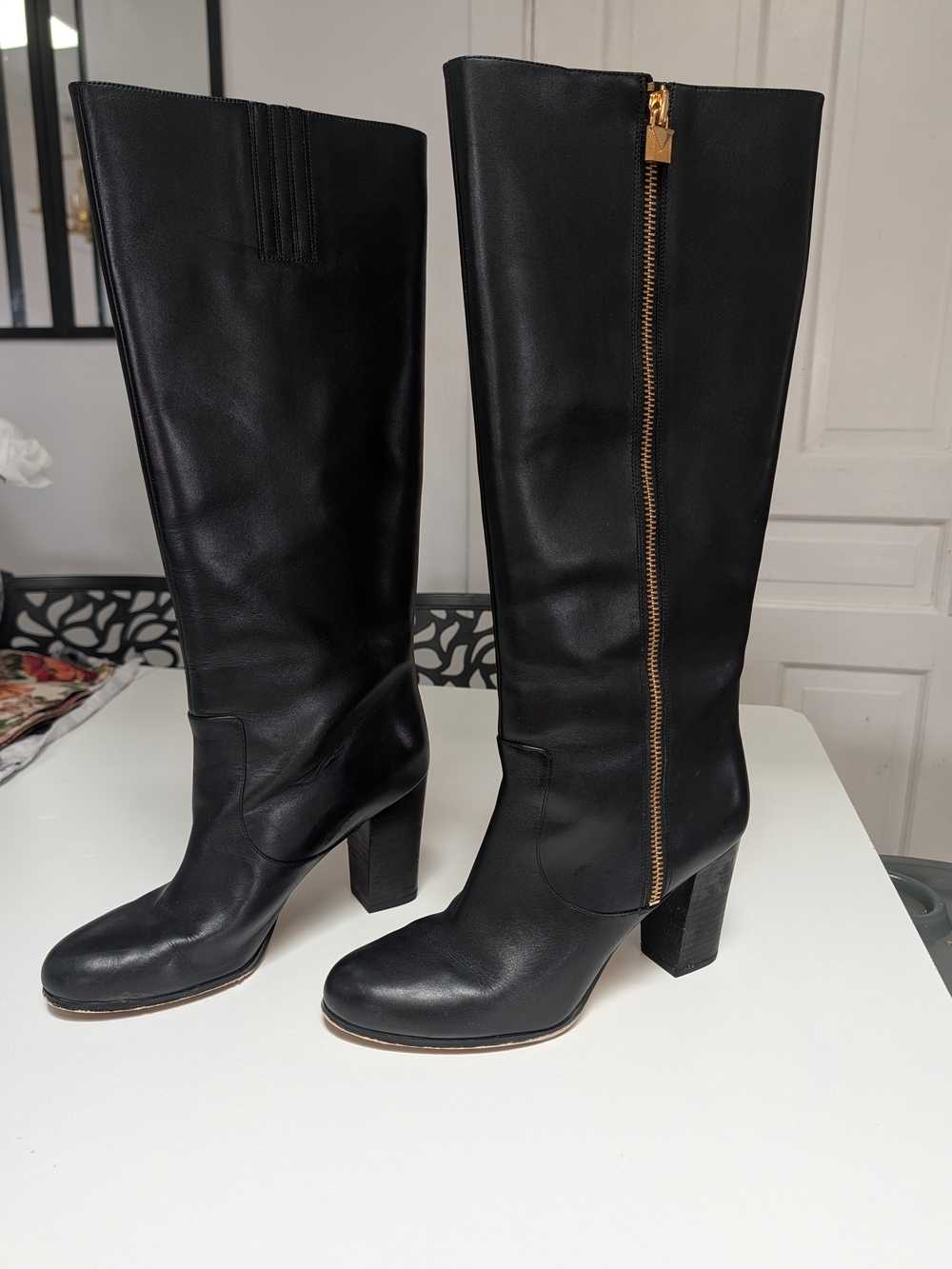 Michael Kors Black Leather Knee-High Heeled Boots with Gold Zip